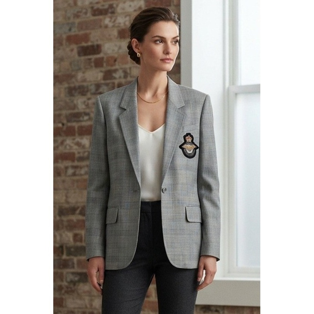 Missoni Donna Blazer Jacket Crest Patch Gray Plaid Wool? Italy Classic Womens L?